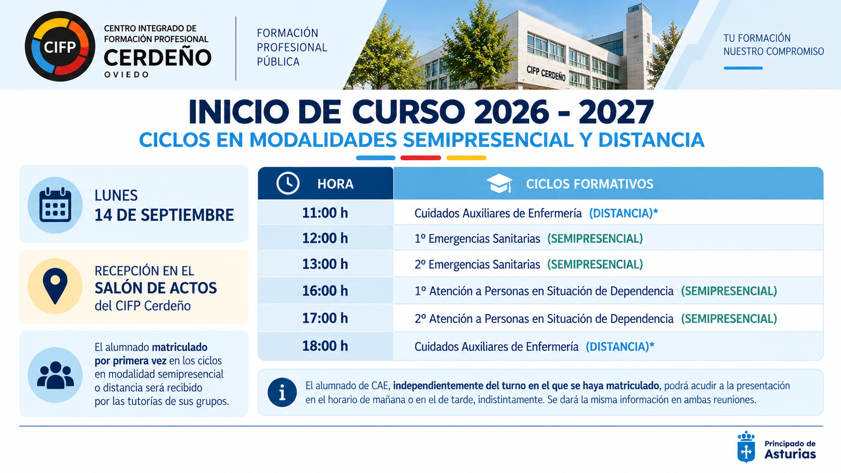 INICIO CURSO 26-27: RECEPCION DE ALUMNADO EL 14 DE SEPT 2026 - SEMIPRESENCIAL Y DISTANCIA